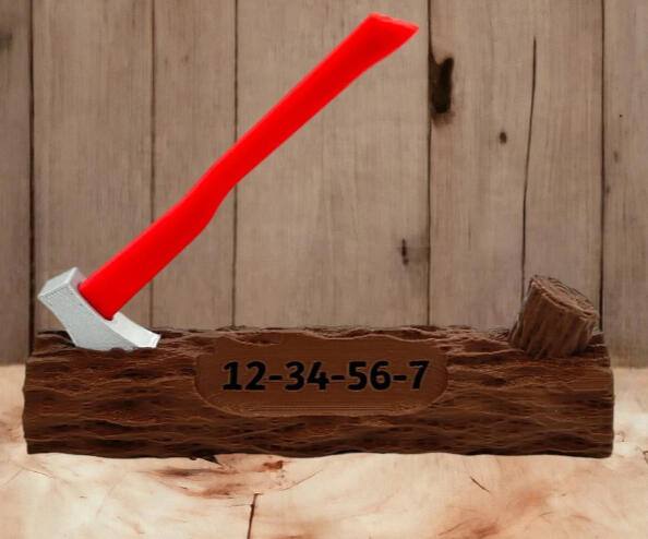 Printed axe-in-log award with a name plate